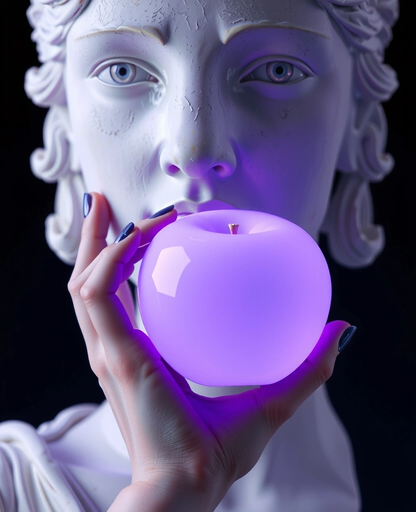 Surrealistyczna rzeźba z cyfrowym owocem